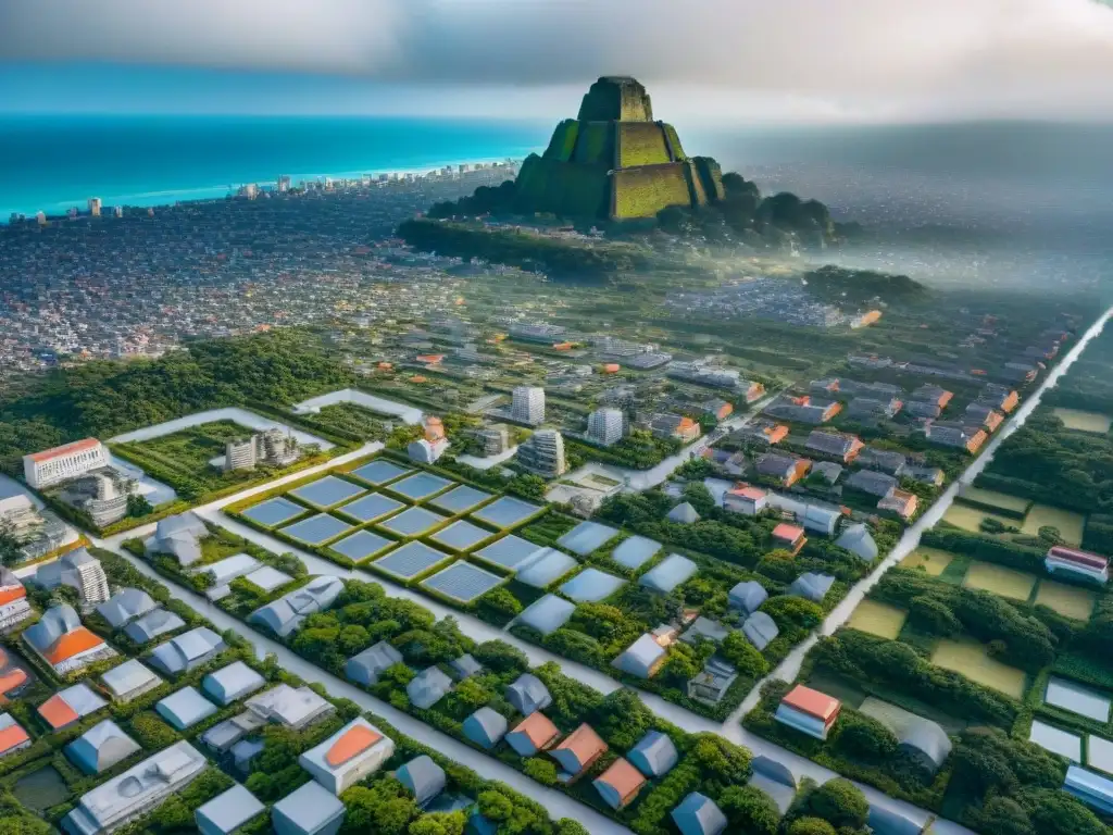 Vista aérea de ciudad moderna con red de planificación urbana matemáticas mayas