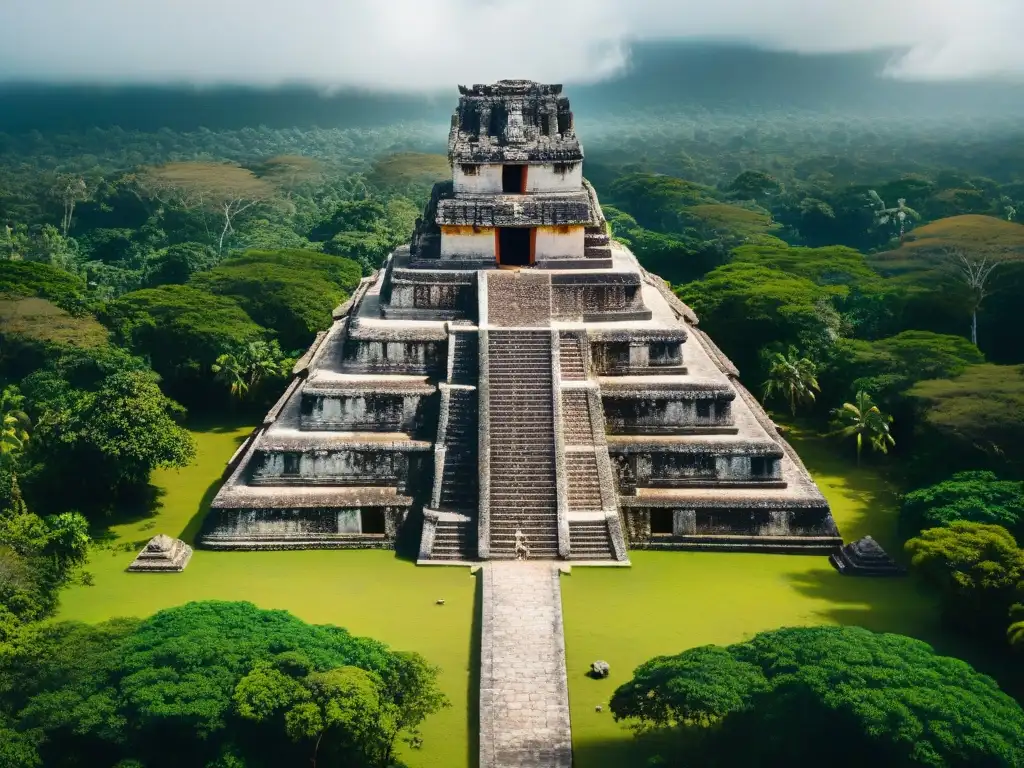 Vista aérea de un complejo de templos mayas en la selva, resalta su arquitectura y conocimientos astronómicos