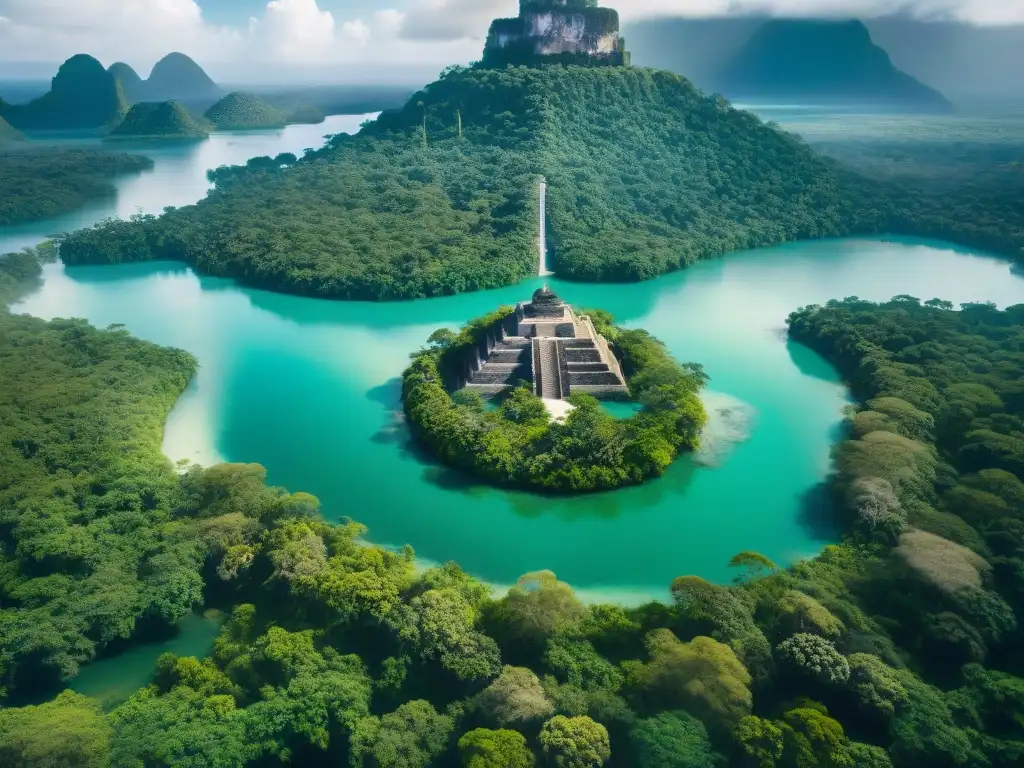 Vista aérea de cuerpos de agua sagrados mayas, reflejando la luz del sol entre vegetación exuberante y ruinas antiguas