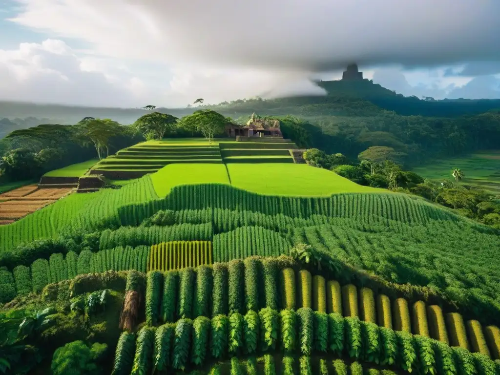 Vista aérea de cultivo maya de yuca y camote con técnicas ancestrales en campos verdes