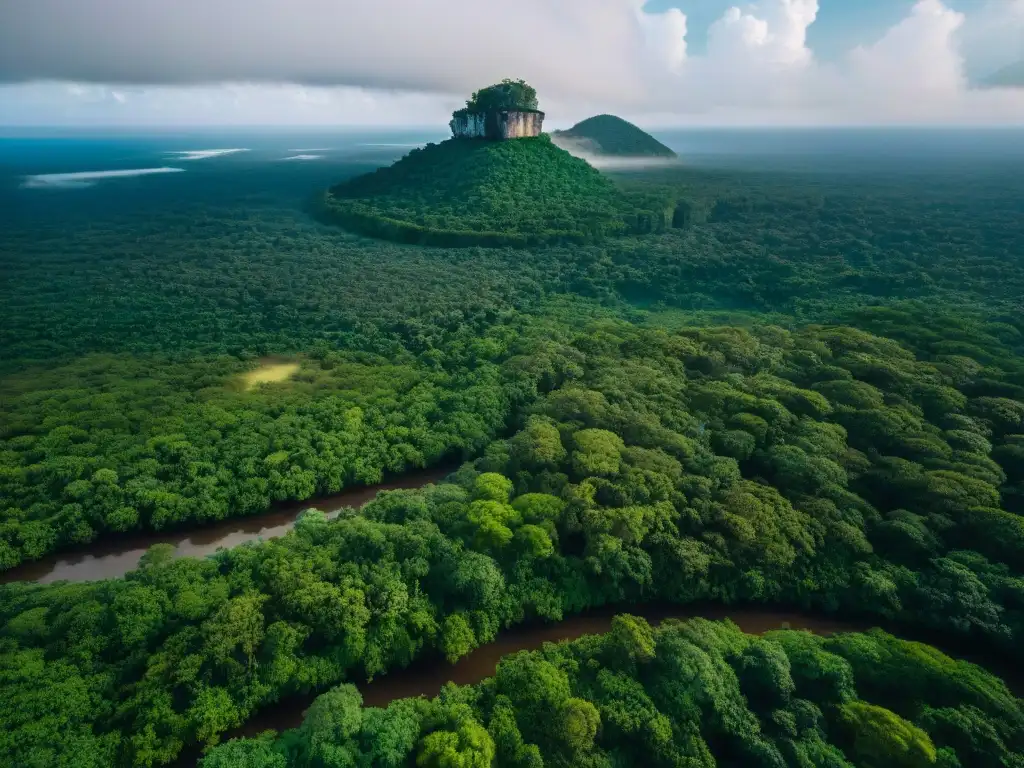 Vista aérea de la densa jungla de la Península de Yucatán, revelando los ríos y ruinas antiguas