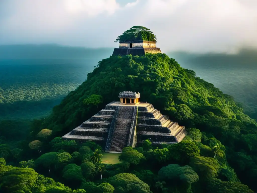 Vista aérea detallada de Aguateca, ciudad maya en acantilado, entre exuberante vegetación