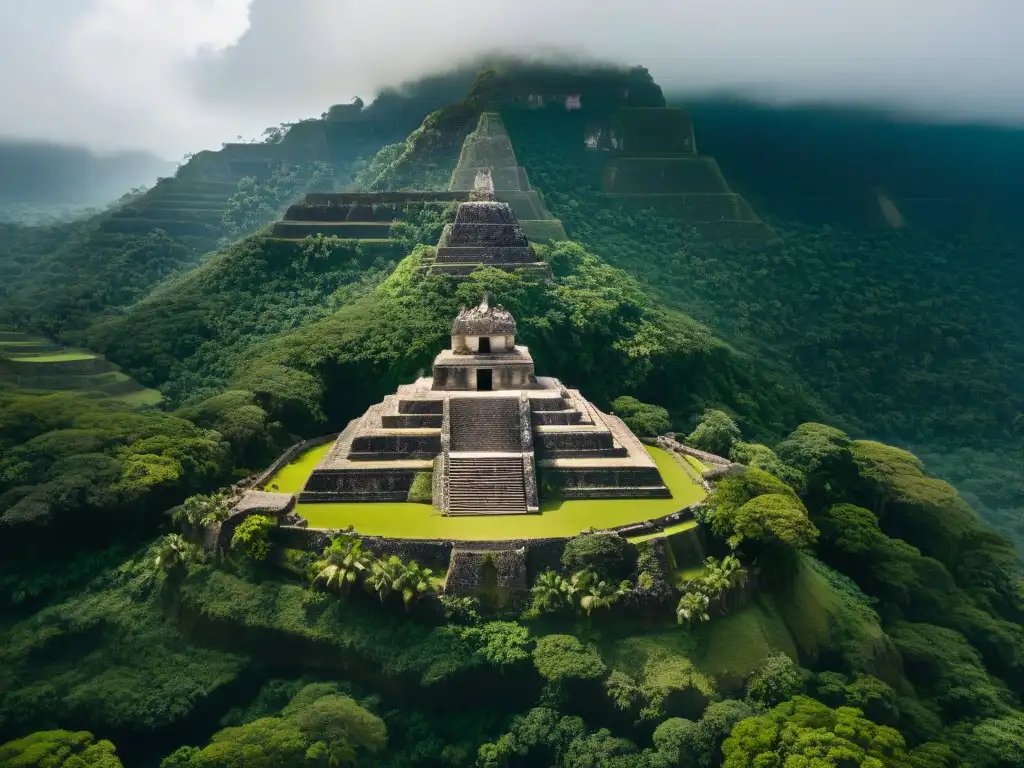 Vista aérea detallada de Aguateca, ciudad maya en acantilado, rodeada de vegetación exuberante y río serpenteante