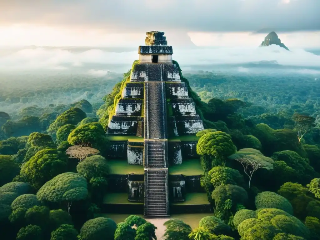 Vista aérea detallada de la antigua ciudad maya de Tikal, con su planificación urbana en armonía con la naturaleza