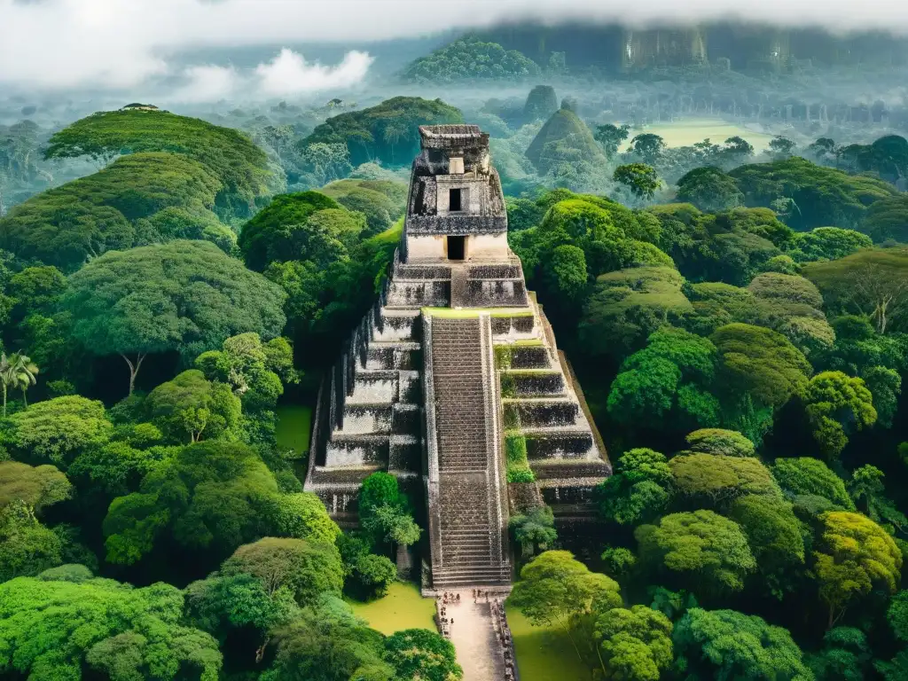 Vista aérea detallada de la antigua ciudad maya de Tikal, resaltando su grandiosidad y arquitectura rodeada de exuberante vegetación