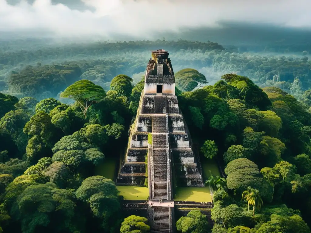 Vista aérea detallada de la antigua ciudad maya de Tikal en Guatemala, resaltando templos y pirámides rodeados de exuberante vegetación