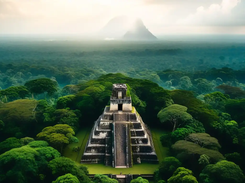 Vista aérea detallada de la antigua ciudad maya de Tikal, con pirámides, templos y exuberante jungla