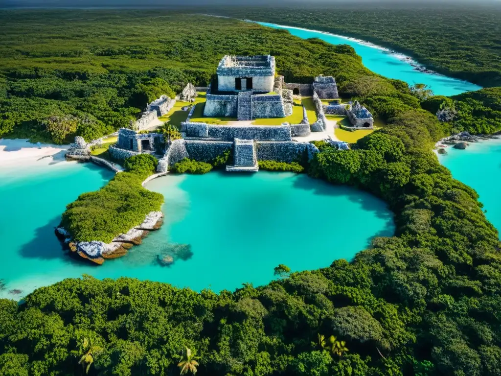 Vista aérea detallada de la antigua ciudad maya de Tulum con sus murallas defensivas, torres de vigilancia y diseño estratégico para la guerra