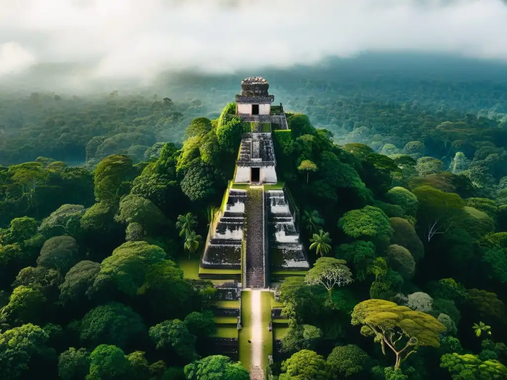 Vista aérea detallada de la antigua ciudad maya de Tikal, integrando la arquitectura con la selva