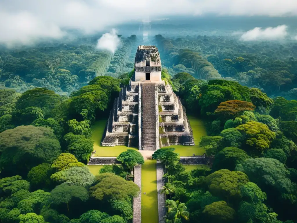 Vista aérea detallada de la antigua ciudad maya de Tikal, destacando su urbanismo sostenible en ciudades mayas entre pirámides, plazas y selva verde