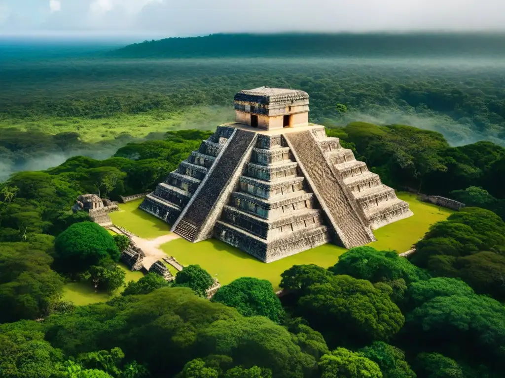 Vista aérea detallada de la antigua ciudad maya de Ek Balam, con la imponente pirámide principal rodeada de exuberante selva