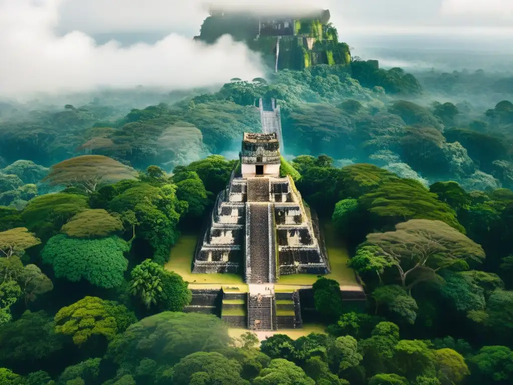 Vista aérea detallada en 8k de la antigua ciudad maya de Tikal, destacando templos y pirámides entre la exuberante selva