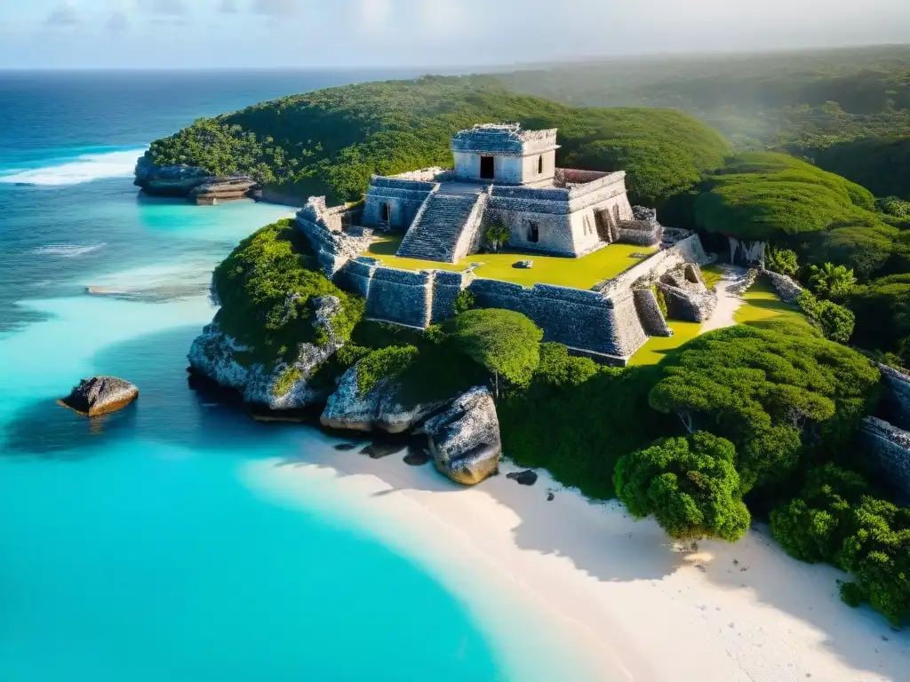 Vista aérea detallada de las antiguas ruinas de Tulum, mostrando majestuosas estructuras de piedra en los acantilados frente al mar Caribe