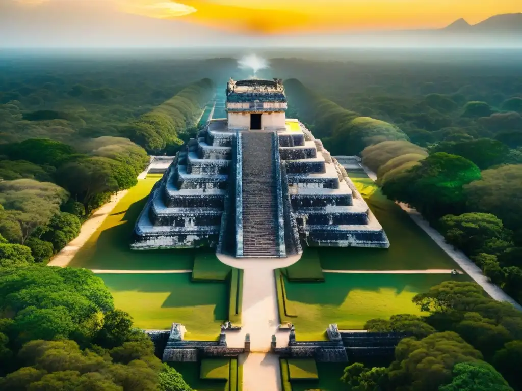 Vista aérea detallada de las antiguas ruinas mayas de Chichén Itzá, con pirámides imponentes y exuberante vegetación