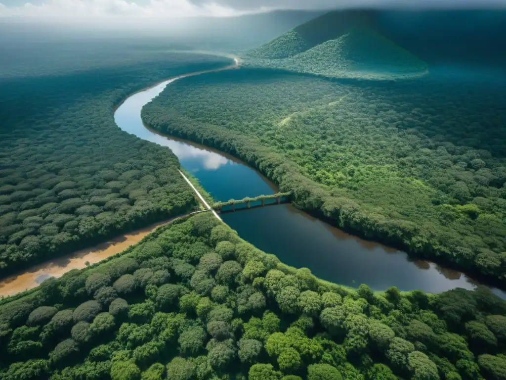 Vista aérea detallada de las antiguas tecnologías avanzadas de manejo de agua Maya, resaltando su armonía con la naturaleza en la selva exuberante