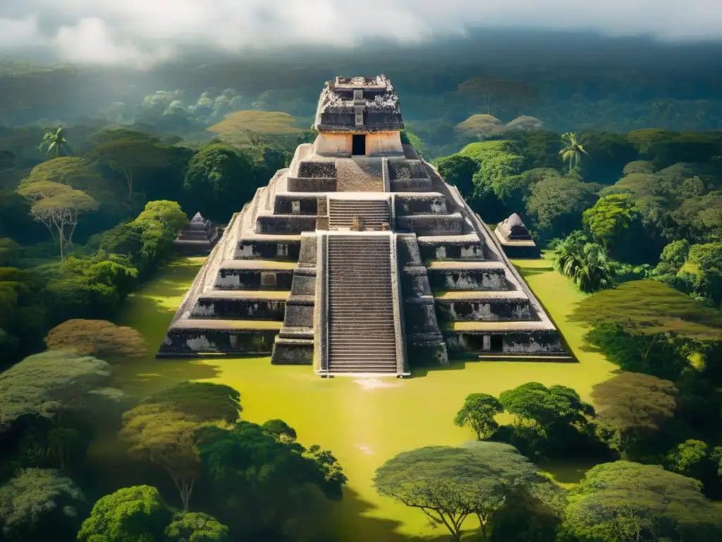 Vista aérea detallada de la arquitectura maya en Edzná, resaltando la majestuosidad de sus templos y pirámides entre la exuberante selva