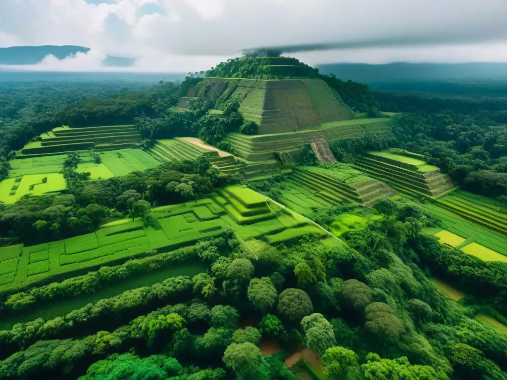 Vista aérea detallada de campos agrícolas mayas rodeados de selva, mostrando prácticas agrícolas adoptadas por mayas