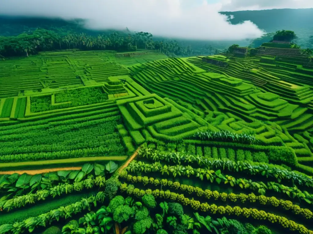 Vista aérea detallada de campos agrícolas mayas con desarrollo matemático en cultivos