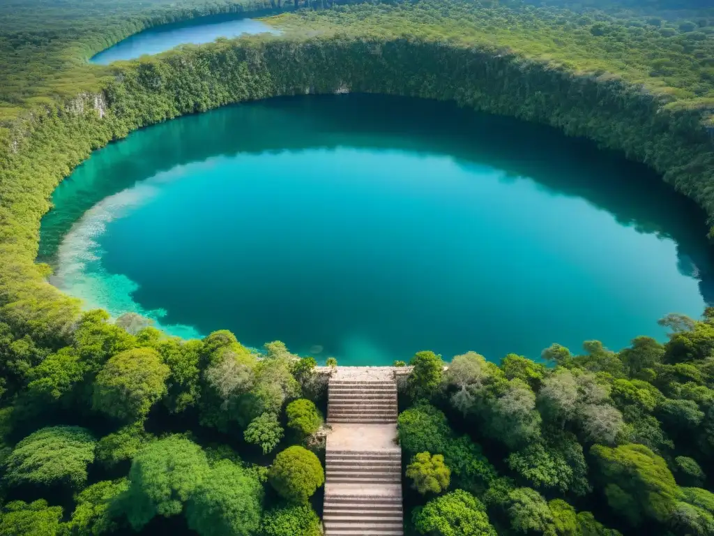 Vista aérea detallada del Cenote Sagrado de Chichén Itzá, resaltando la ingeniería cenotes sagrados mayas