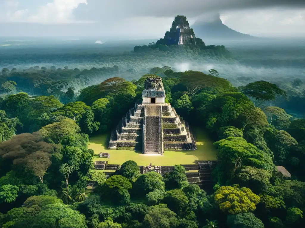 Vista aérea detallada de Tikal, ciudad maya, entre selva verde