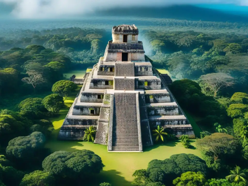 Vista aérea detallada de una ciudad maya con templos y pirámides rodeados de selva, bajo un cielo azul