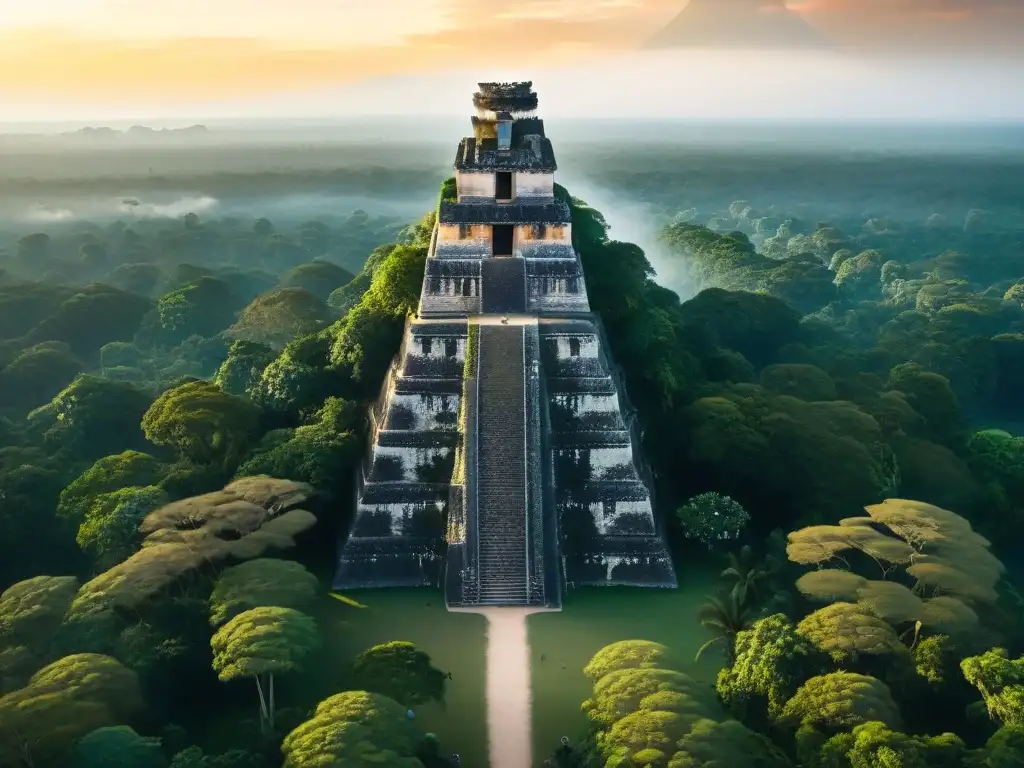 Vista aérea detallada de Tikal, ciudad maya, destacando arquitectura estelar y conexión con cuerpos celestes al atardecer