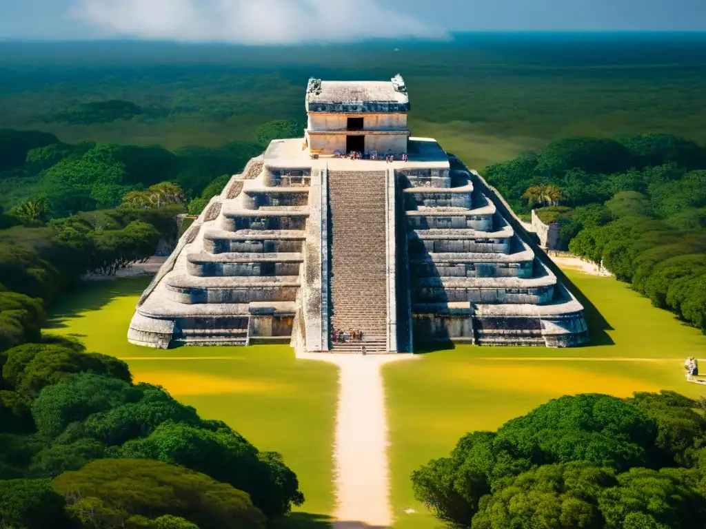 Vista aérea detallada de las estructuras de piedra caliza de Chichén Itzá, destacando la arquitectura maya