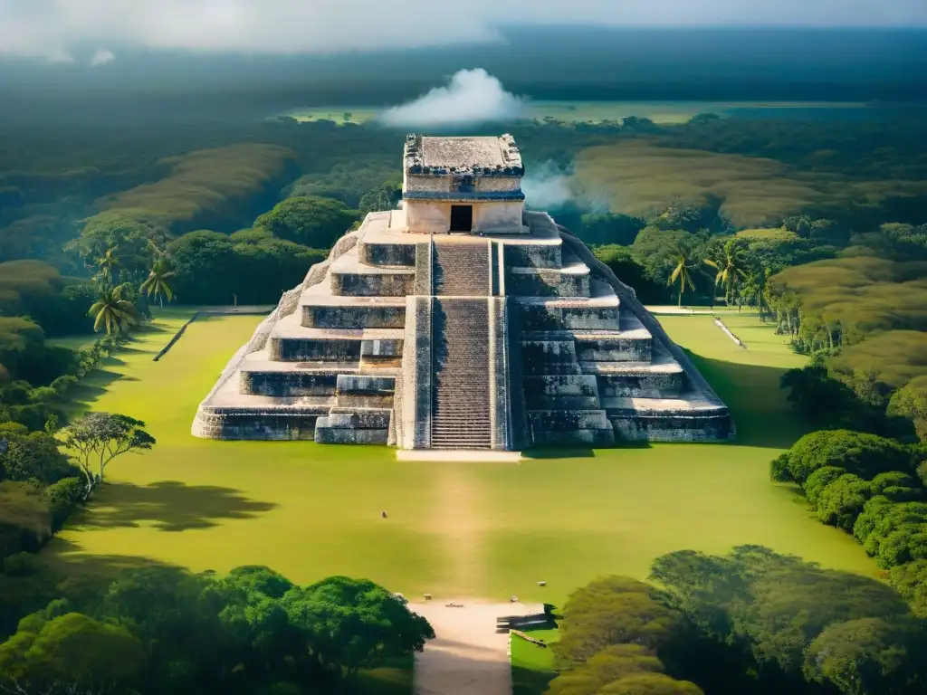 Vista aérea detallada de Chichén Itzá, destacando la geometría sagrada maya para turismo