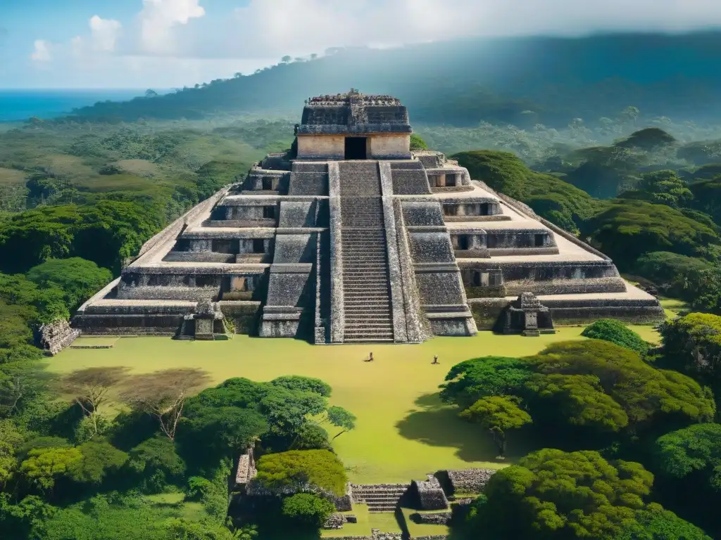 Vista aérea detallada de Zaculeu, bastión maya conquistadores, con ruinas de piedra y exuberante paisaje verde