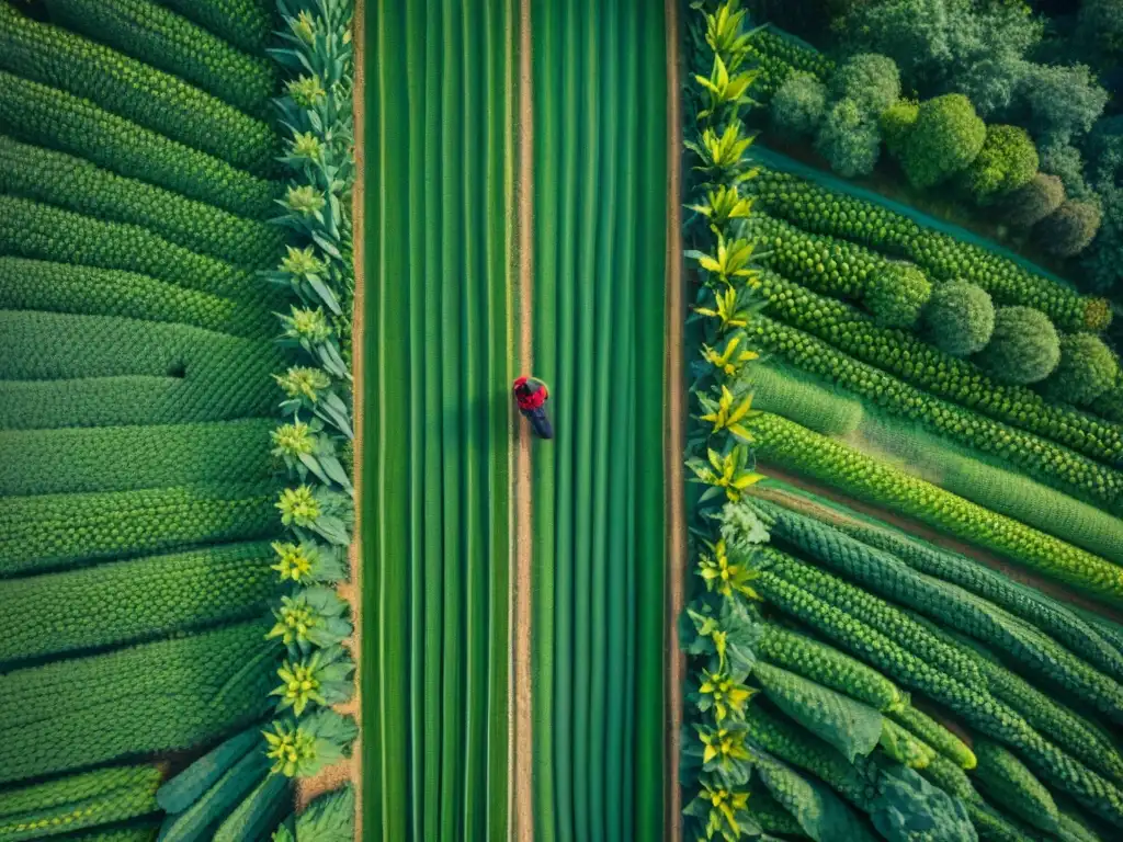 Vista aérea detallada de una milpa verde maya, destacando el Sistema agrícola sustentable maya con maíz, frijol y calabaza creciendo en armonía