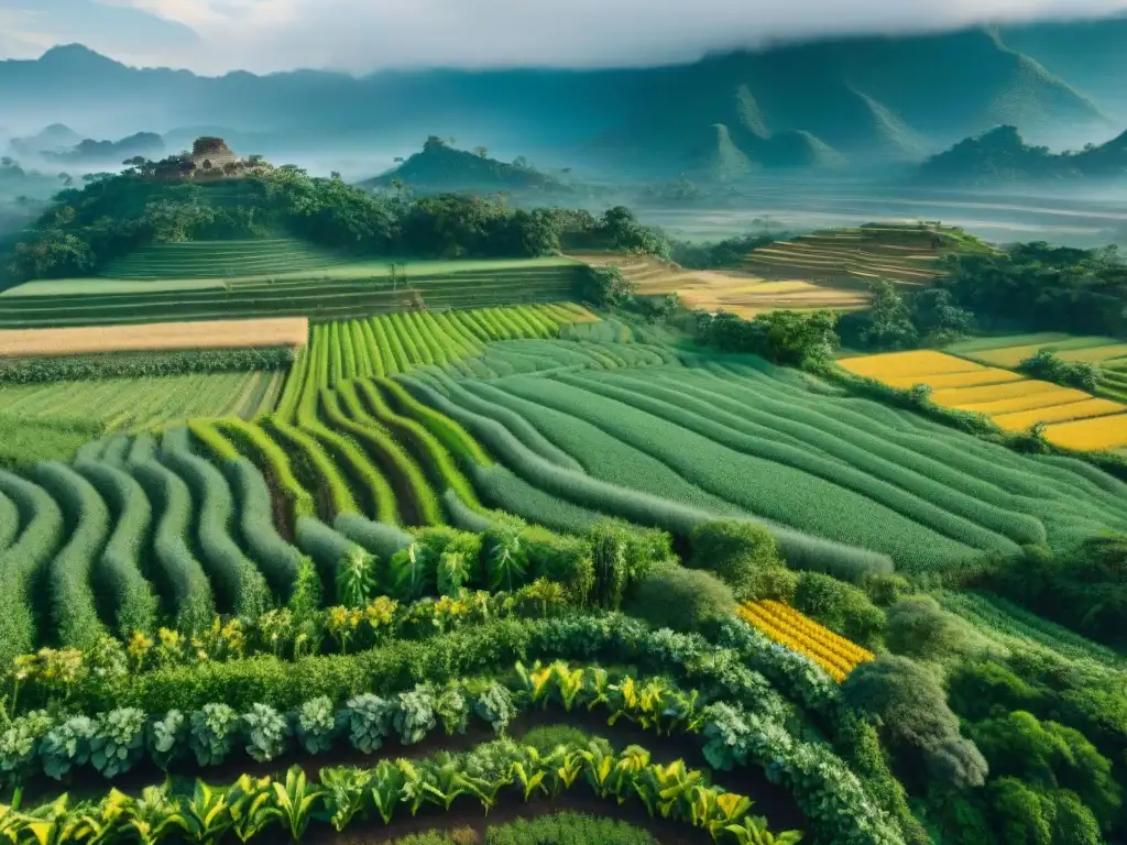 Vista aérea detallada de paisaje agrícola maya biodiverso, con cultivos y flores vibrantes, montañas al fondo