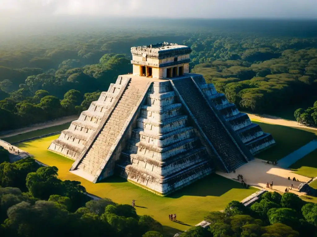 Vista aérea detallada de Chichen Itza con la pirámide El Castillo y la densa jungla, destacando la orientación astronómica en arquitectura maya