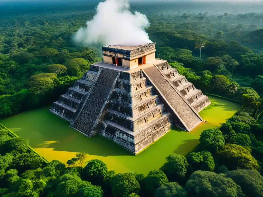 Misterios térmicos en pirámides mayas Vista aérea detallada de pirámides mayas con anomalías térmicas, resaltando conservación y naturaleza