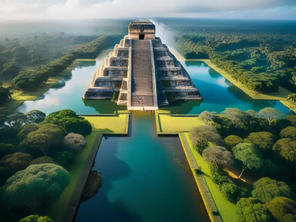 Vista aérea detallada de la red hidráulica de las antiguas pirámides mayas, destacando su ingeniería avanzada