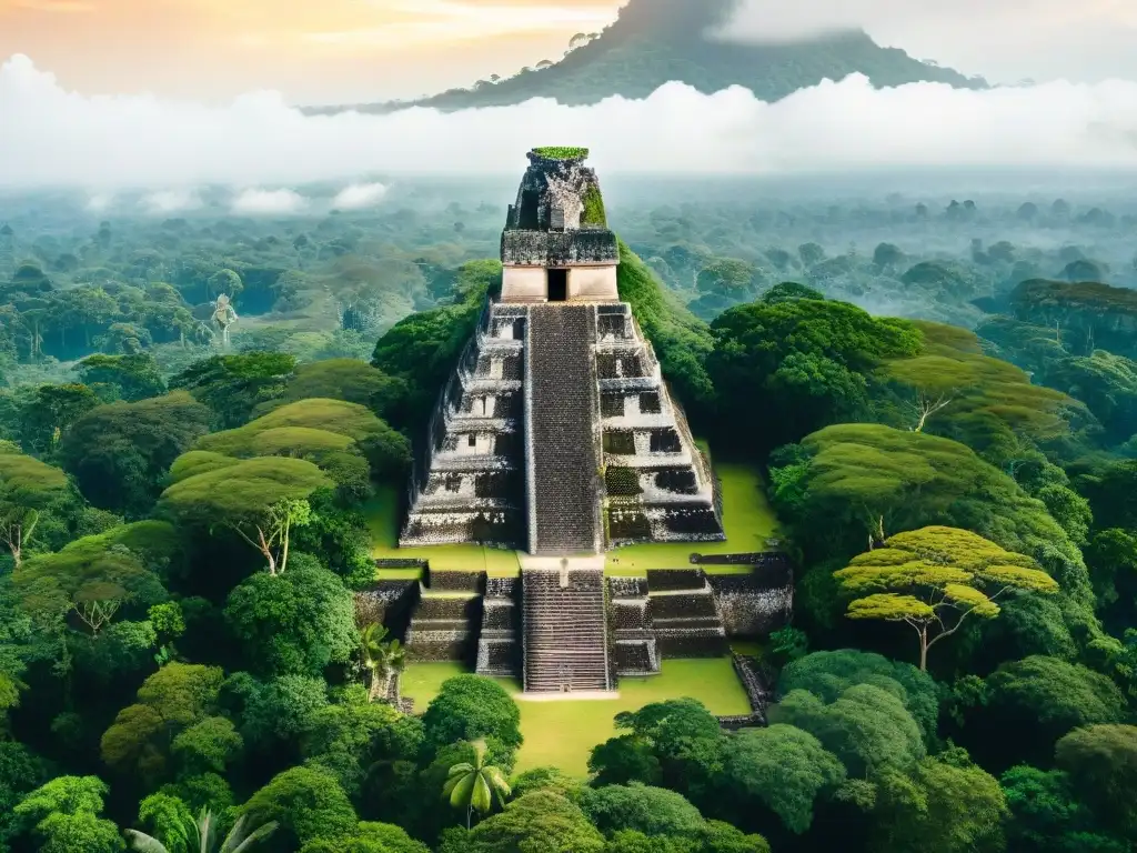 Vista aérea detallada de las ruinas mayas de Tikal en Guatemala, destacando su arquitectura en armonía con la selva