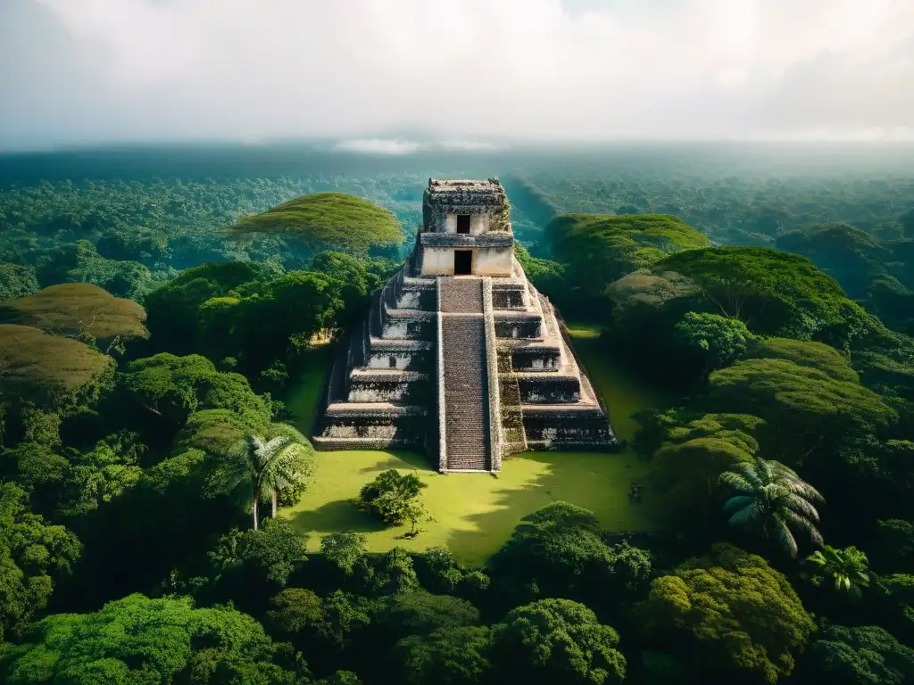 Vista aérea detallada de ruinas mayas entre exuberante selva