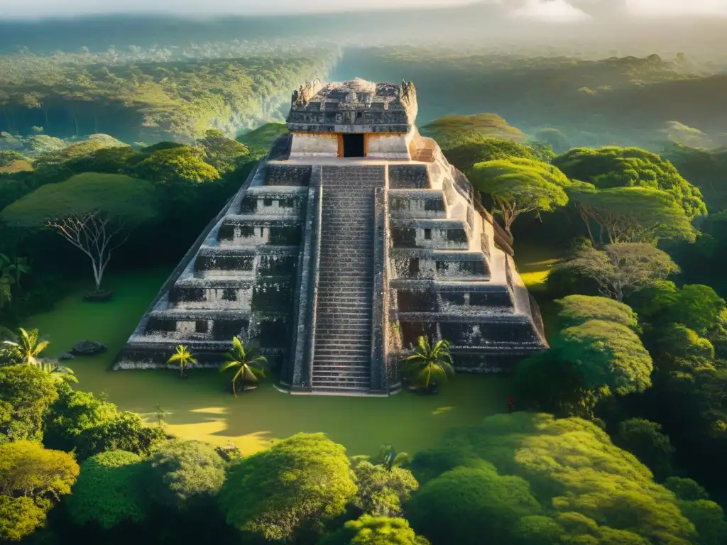 Vista aérea detallada de ruinas mayas en El Mirador, destacando pirámide principal entre la selva