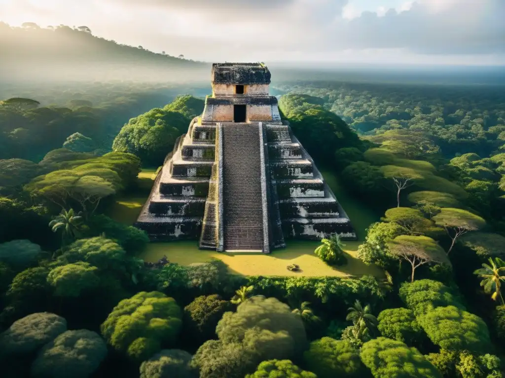 Vista aérea detallada de ruinas mayas en la selva, destacando hallazgos arqueológicos recientes civilización maya