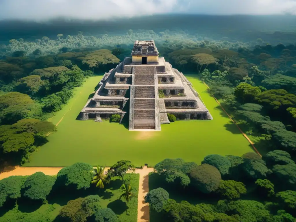 Vista aérea detallada de un sitio arqueológico Maya bien conservado, integrado con la naturaleza