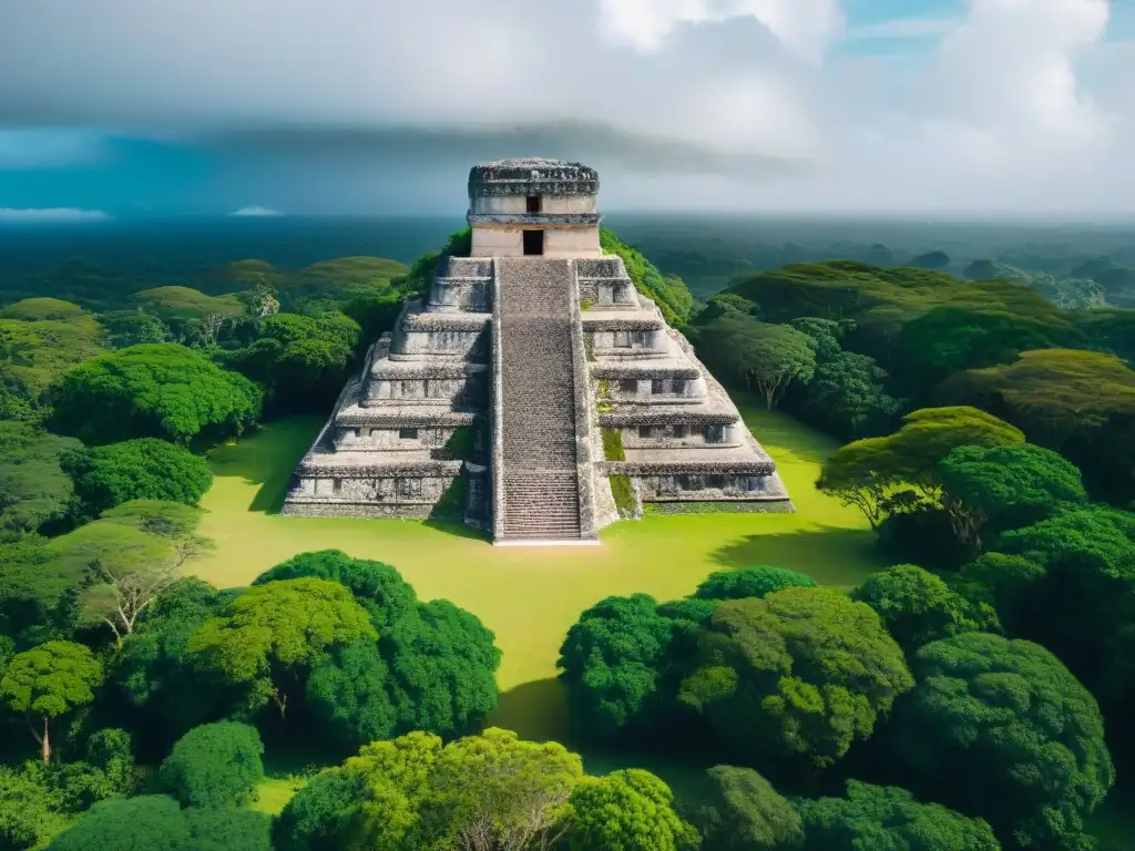 Vista aérea detallada de un sitio arqueológico maya con ruinas antiguas y vegetación exuberante