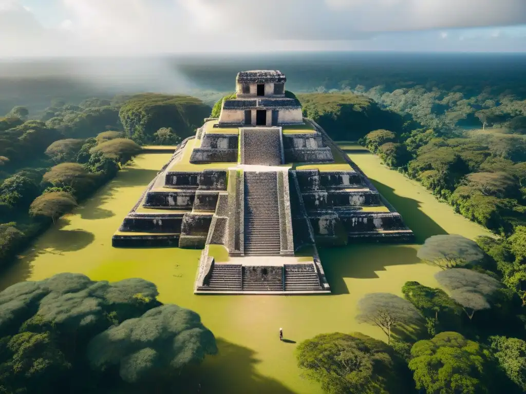 Vista aérea detallada de sitio arqueológico maya, documentación patrimonios mayas con UAVs