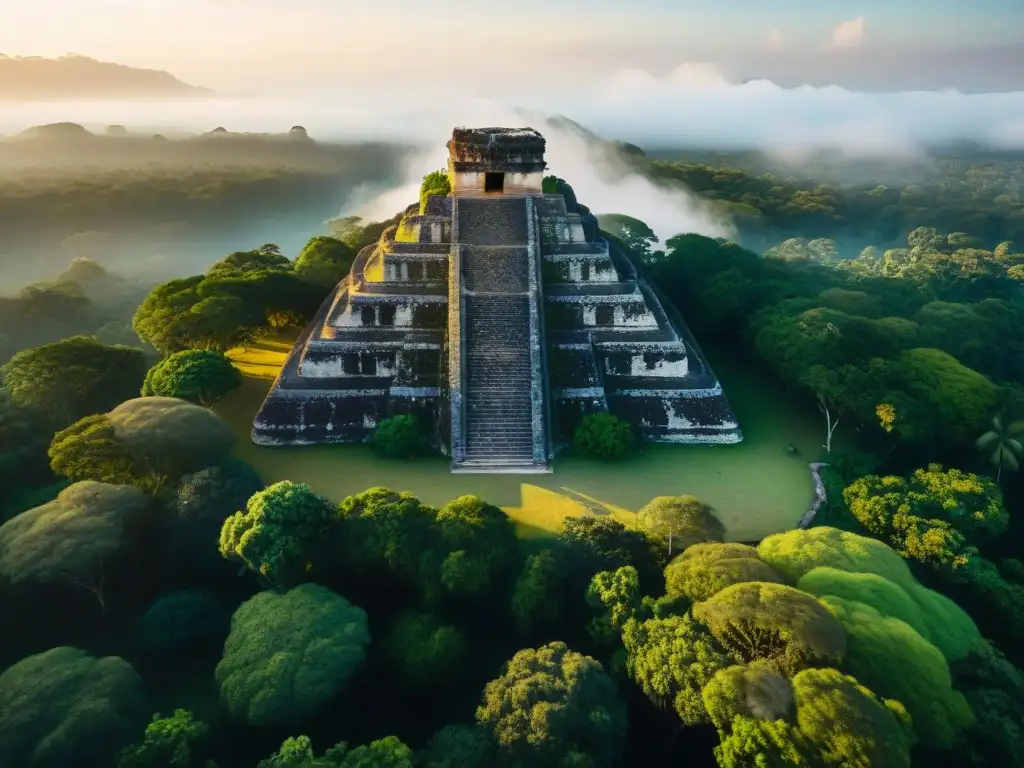 Vista aérea detallada de sitio arqueológico maya al amanecer con sombras largas y exuberante vegetación