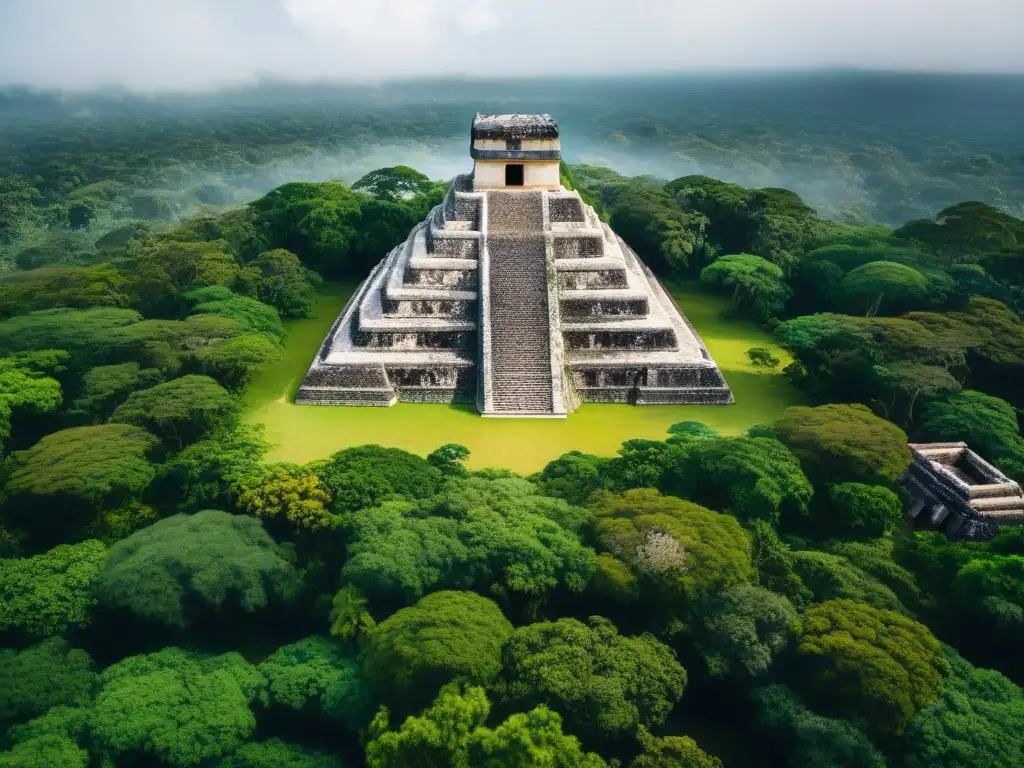 Vista aérea detallada de un sitio arqueológico maya con estructuras de piedra y vegetación exuberante