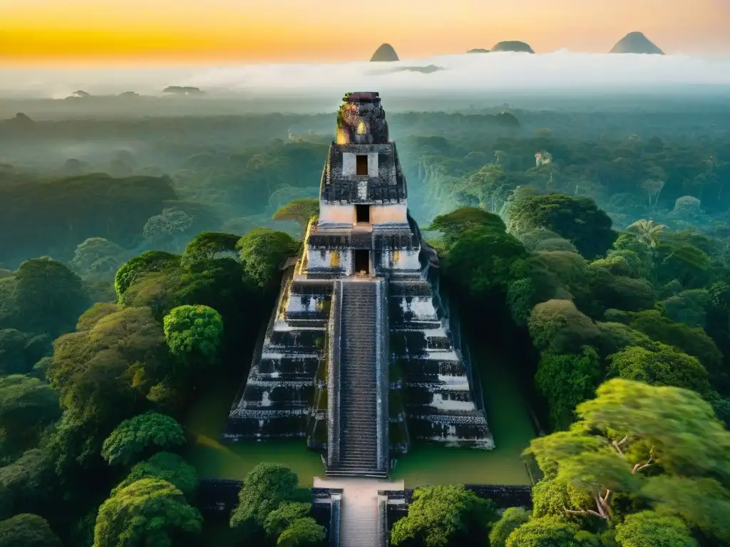 Vista aérea detallada de Tikal al amanecer, templos mayas se alzan sobre la selva, conexión celestial arquitectura maya