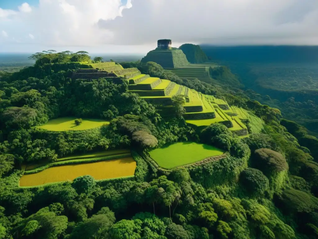 Vista aérea detallada de las terrazas mayas en la península de Yucatán, destacando la ingeniería del paisaje en Maya