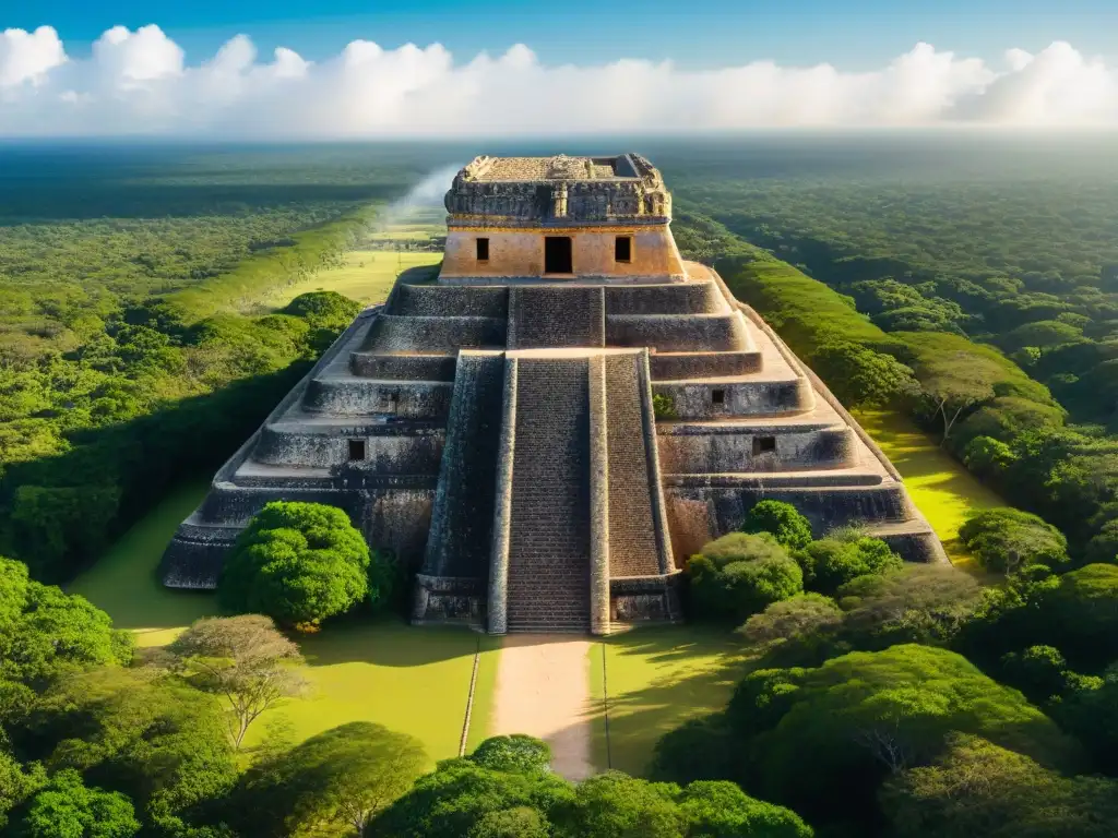 Vista aérea detallada de Uxmal, legado arquitectónico maya ruta Puuc entre la selva exuberante