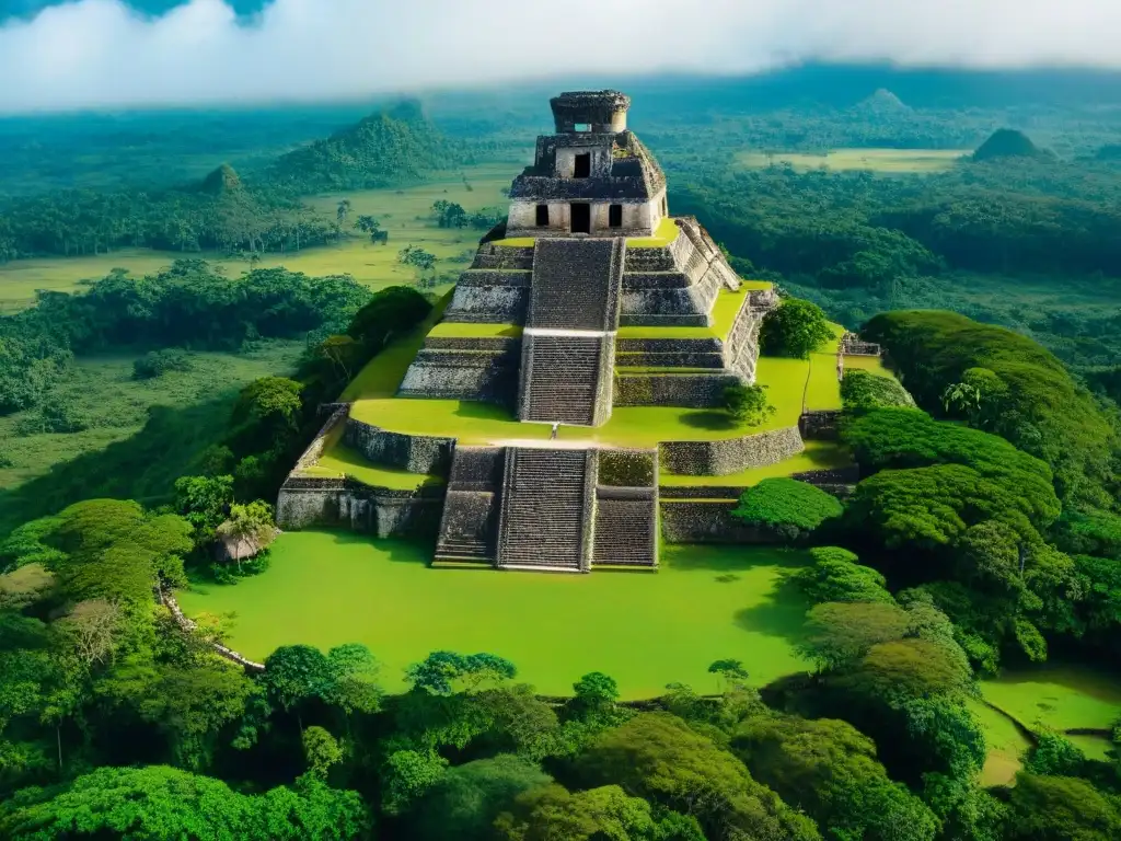 Vista aérea detallada de Xunantunich en Belice, con el imponente Templo de El Castillo en el centro, rodeado de exuberante vegetación