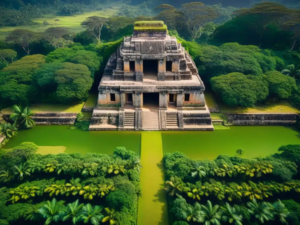 Vista aérea de diseño maya con simbolismo en puertas falsas y enigmáticas estructuras antiguas entre vegetación exuberante