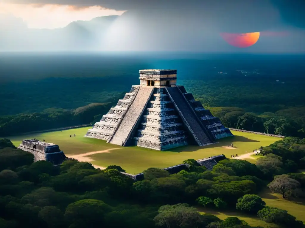 Vista aérea de Chichén Itzá en eclipse solar, mostrando El Castillo y su sombra, destacando la interpretación cósmica eclipses cultura maya