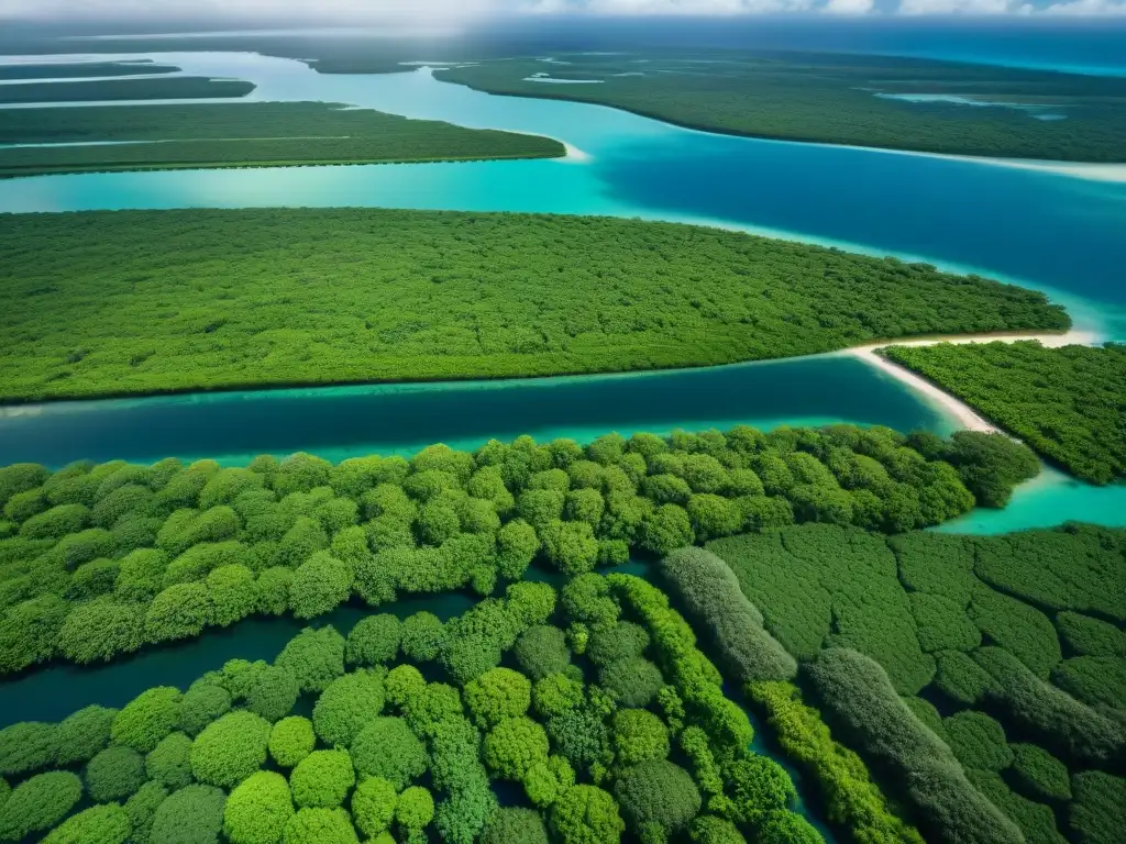 Vista aérea de la exuberante red de canales y reservorios de la civilización maya, resaltando la importancia del agua